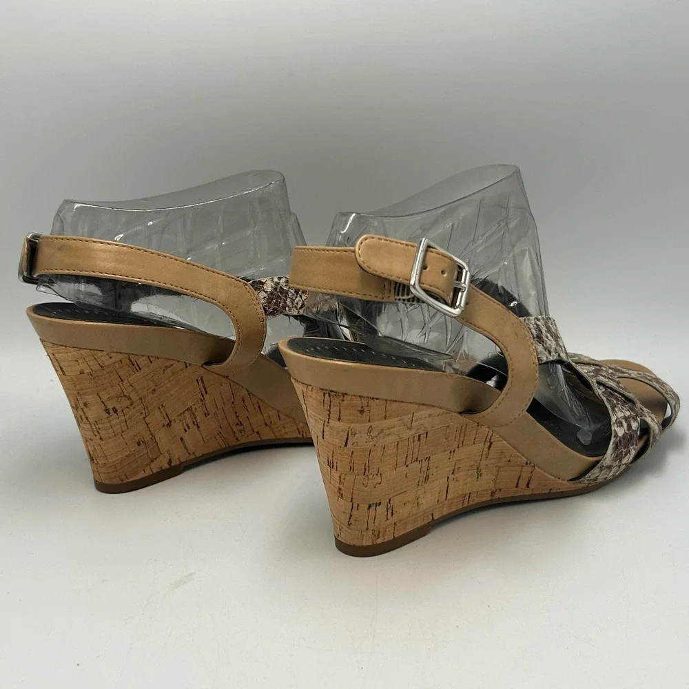 Naturalizer N5 Wedge Heel Sandal Brown Tan Snake Sandal Strappy Womens 9 Cork